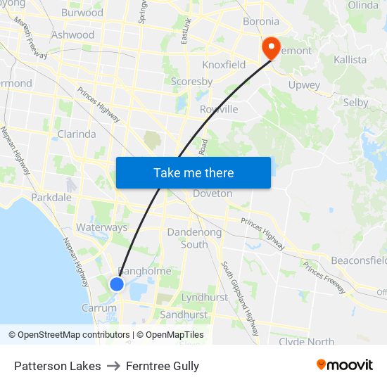Patterson Lakes to Ferntree Gully map
