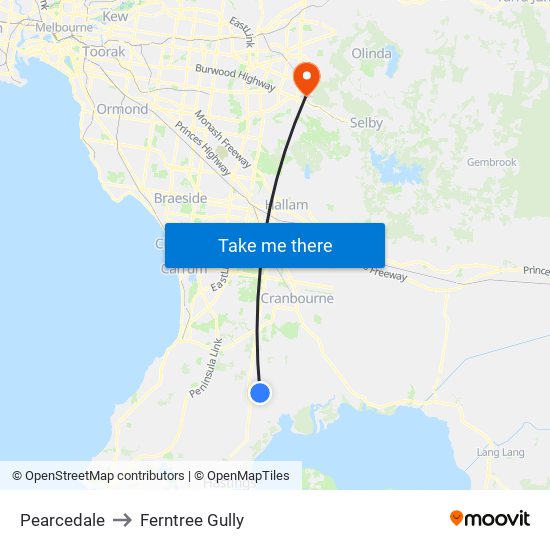 Pearcedale to Ferntree Gully map