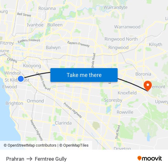 Prahran to Ferntree Gully map