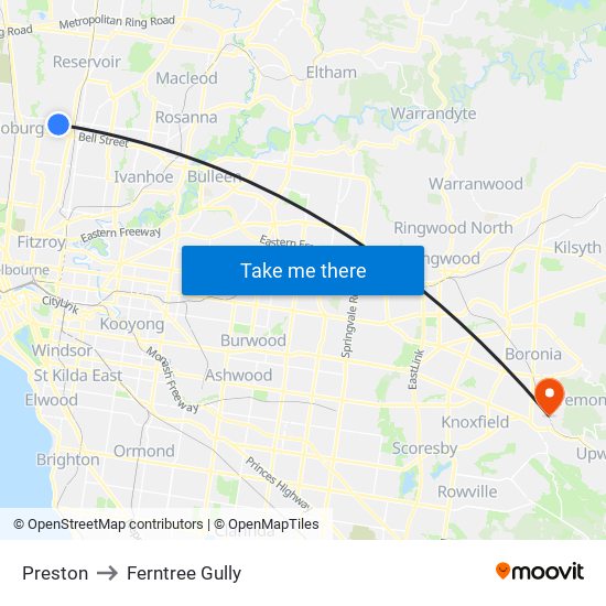 Preston to Ferntree Gully map