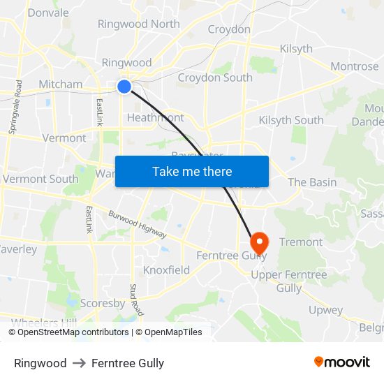 Ringwood to Ferntree Gully map