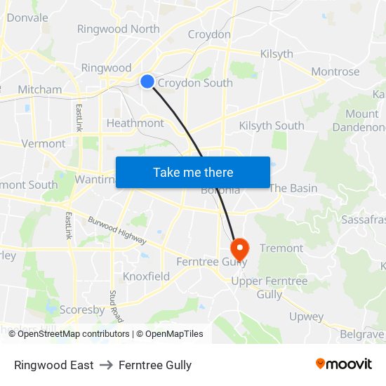 Ringwood East to Ferntree Gully map