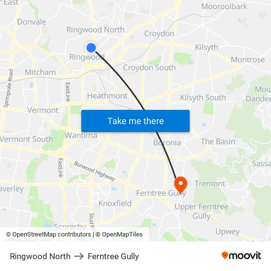 Ringwood North to Ferntree Gully map