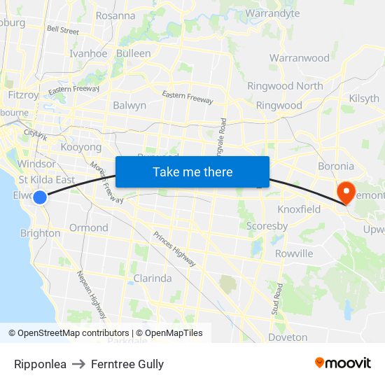 Ripponlea to Ferntree Gully map