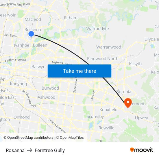 Rosanna to Ferntree Gully map