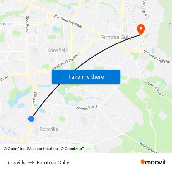 Rowville to Ferntree Gully map