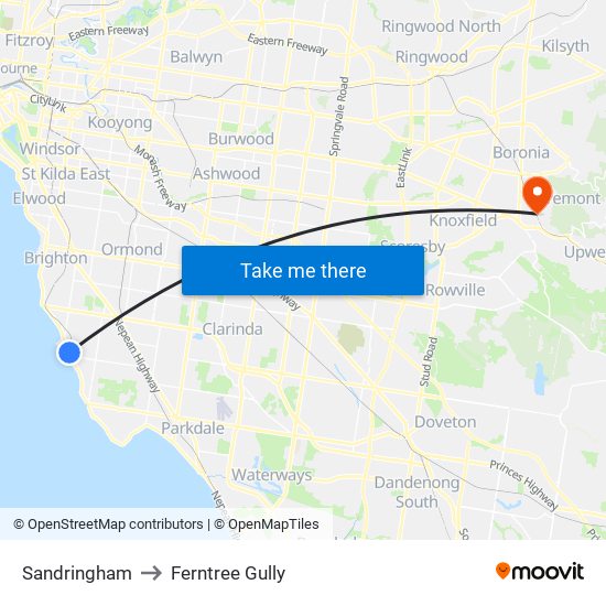 Sandringham to Ferntree Gully map