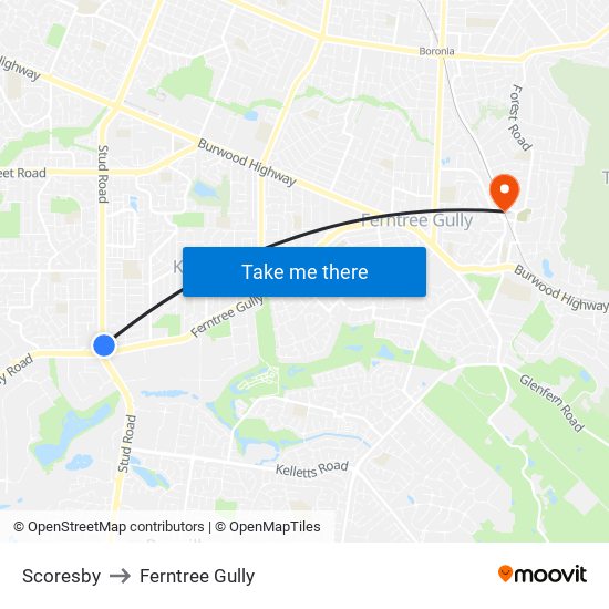 Scoresby to Ferntree Gully map