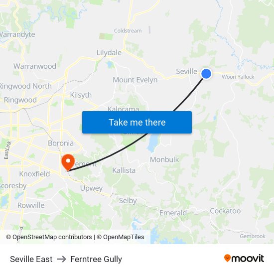 Seville East to Ferntree Gully map