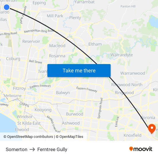 Somerton to Ferntree Gully map