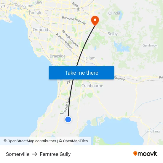 Somerville to Ferntree Gully map