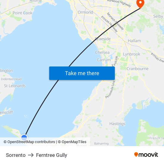 Sorrento to Ferntree Gully map