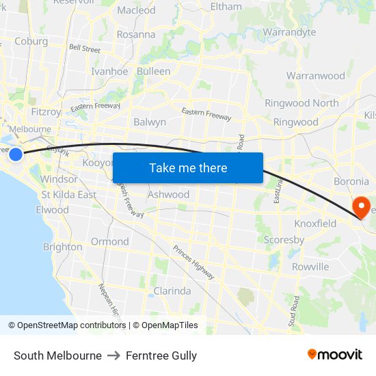 South Melbourne to Ferntree Gully map