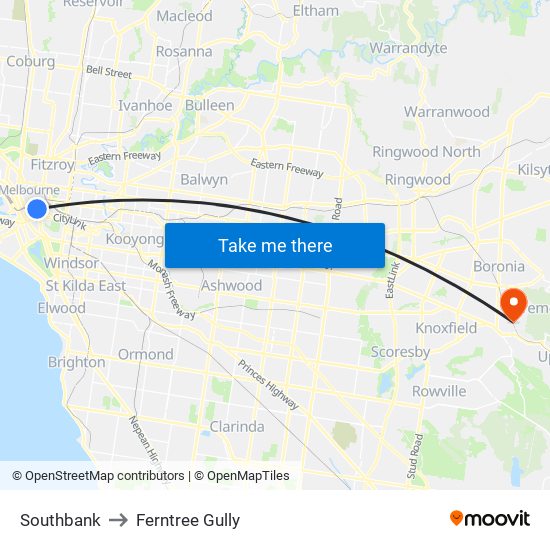 Southbank to Ferntree Gully map