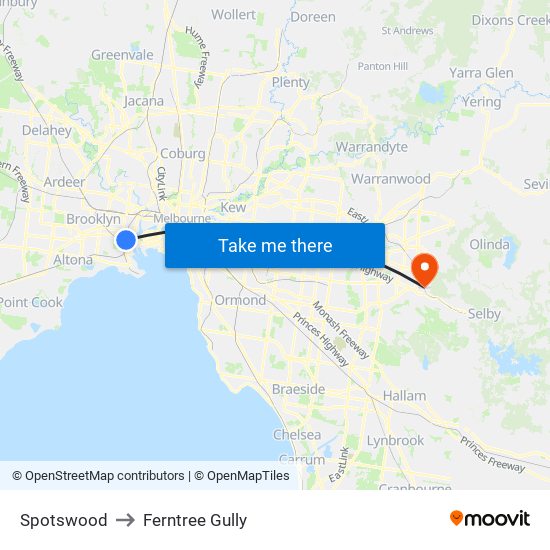 Spotswood to Ferntree Gully map