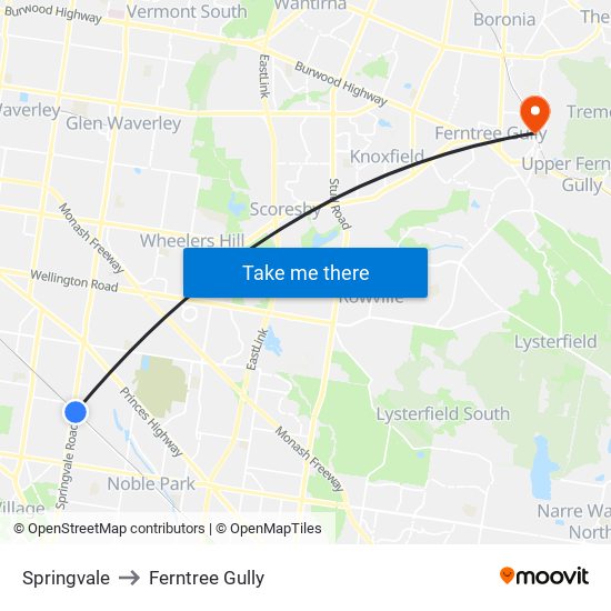 Springvale to Ferntree Gully map