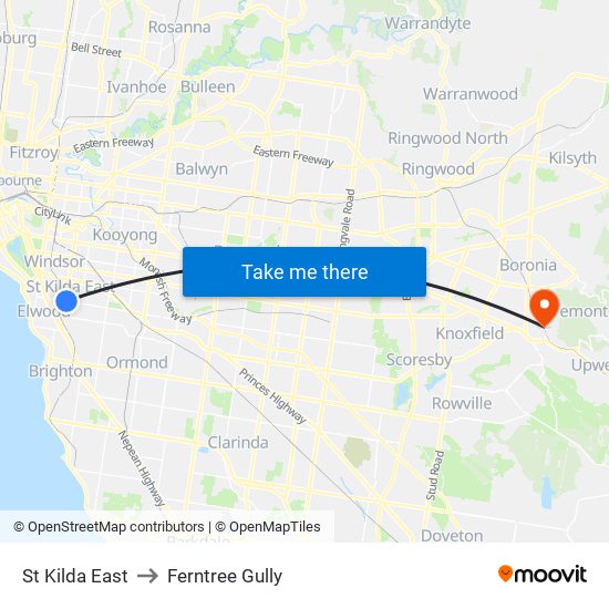 St Kilda East to Ferntree Gully map