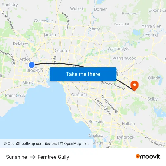 Sunshine to Ferntree Gully map