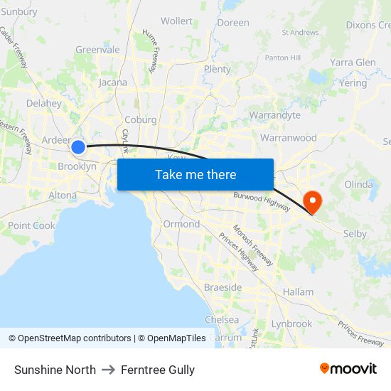 Sunshine North to Ferntree Gully map