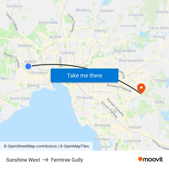 Sunshine West to Ferntree Gully map