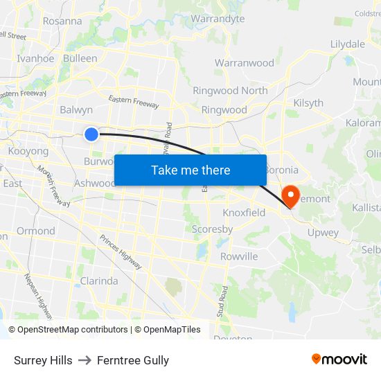 Surrey Hills to Ferntree Gully map