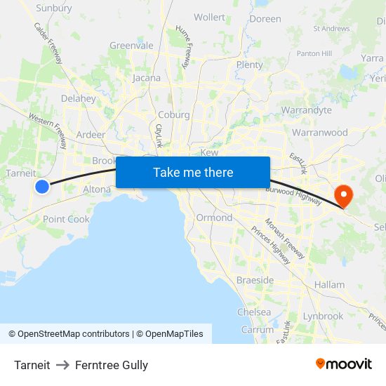 Tarneit to Ferntree Gully map