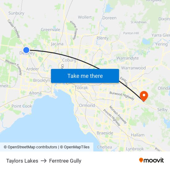 Taylors Lakes to Ferntree Gully map