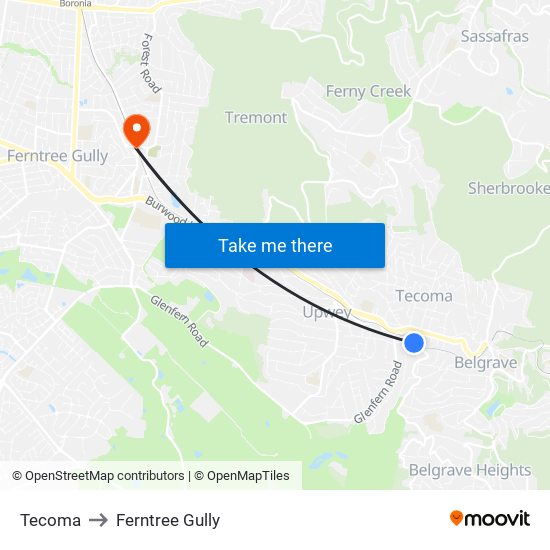 Tecoma to Ferntree Gully map