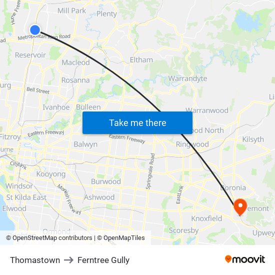Thomastown to Ferntree Gully map