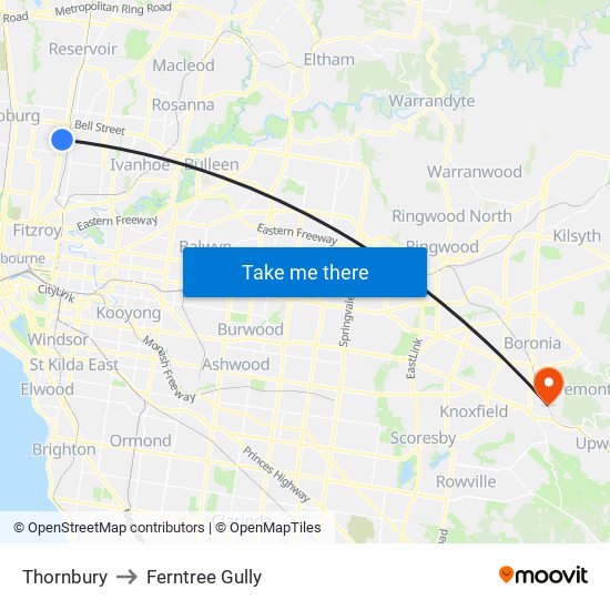 Thornbury to Ferntree Gully map