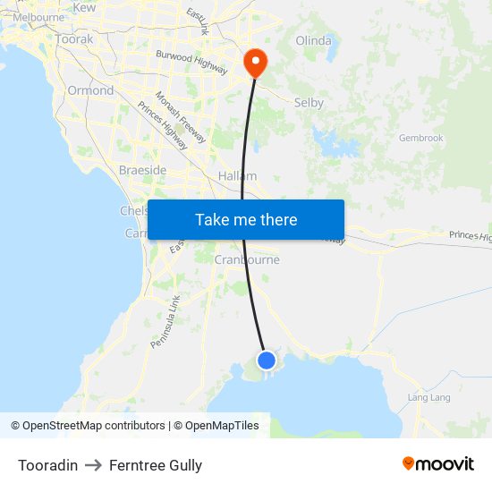 Tooradin to Ferntree Gully map