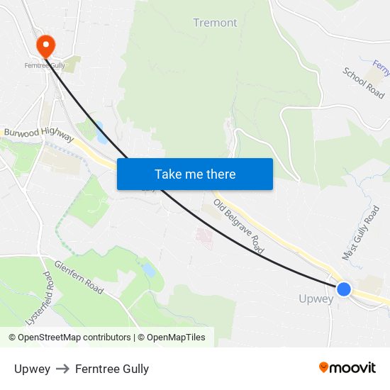 Upwey to Ferntree Gully map