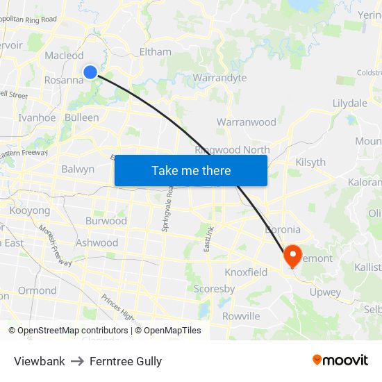 Viewbank to Ferntree Gully map