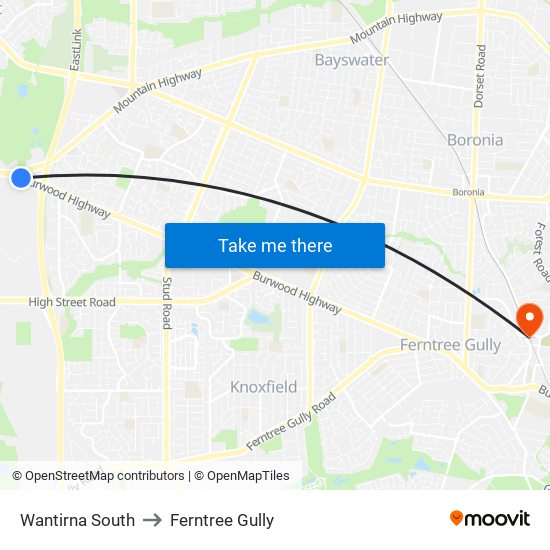 Wantirna South to Ferntree Gully map