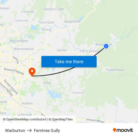 Warburton to Ferntree Gully map