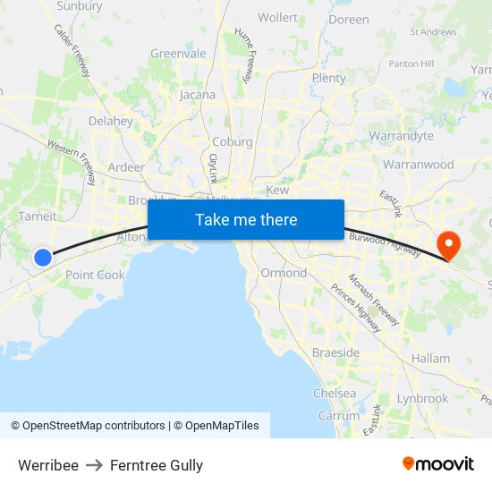 Werribee to Ferntree Gully map