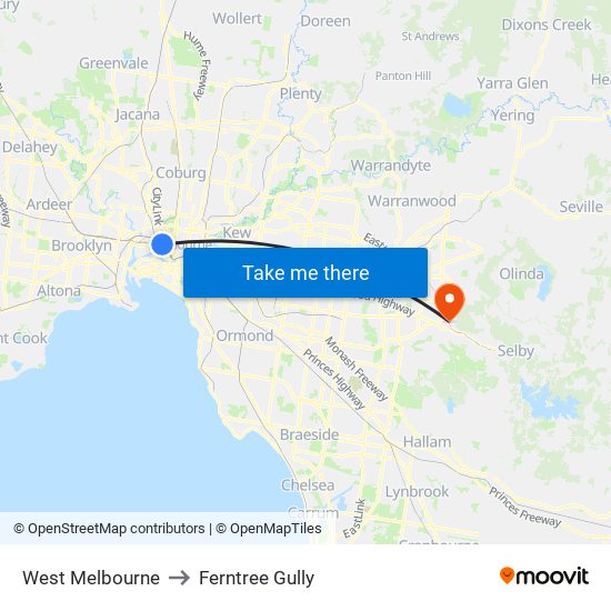 West Melbourne to Ferntree Gully map