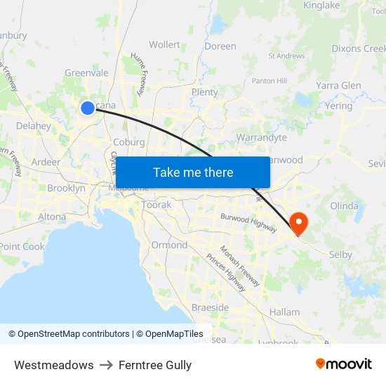 Westmeadows to Ferntree Gully map