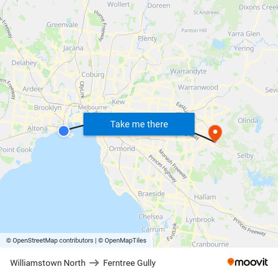 Williamstown North to Ferntree Gully map