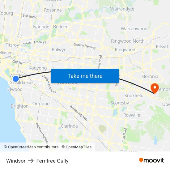 Windsor to Ferntree Gully map