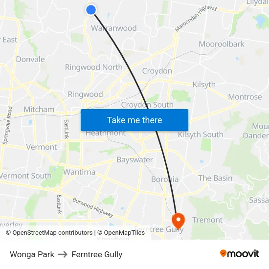 Wonga Park to Ferntree Gully map