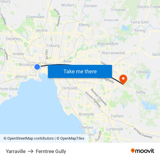 Yarraville to Ferntree Gully map