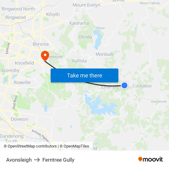 Avonsleigh to Ferntree Gully map