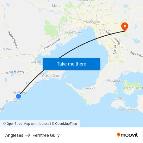 Anglesea to Ferntree Gully map