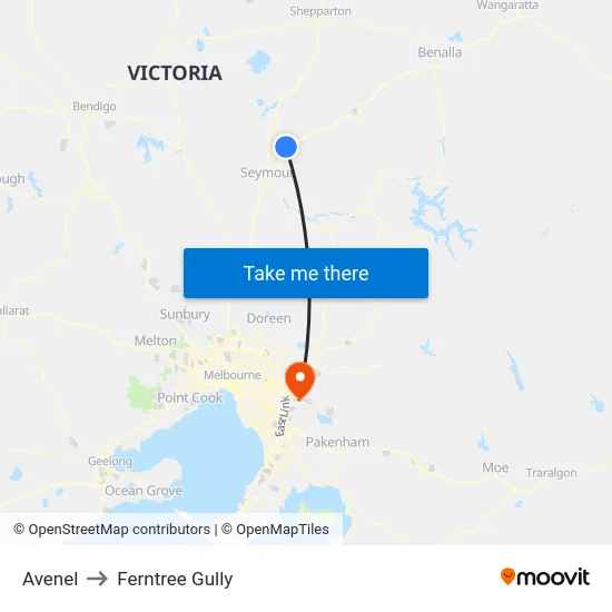 Avenel to Ferntree Gully map