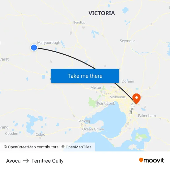 Avoca to Ferntree Gully map
