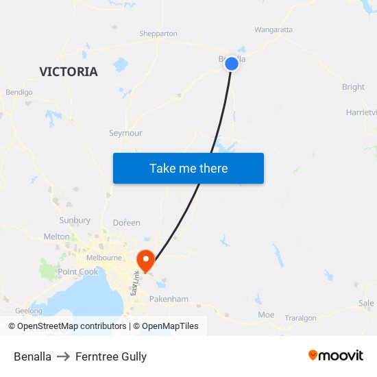 Benalla to Ferntree Gully map