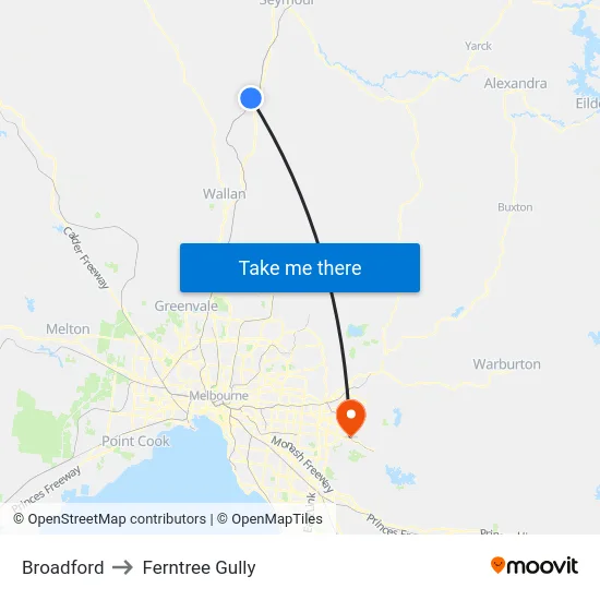 Broadford to Ferntree Gully map