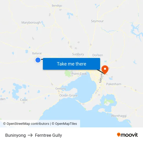 Buninyong to Ferntree Gully map