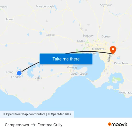 Camperdown to Ferntree Gully map